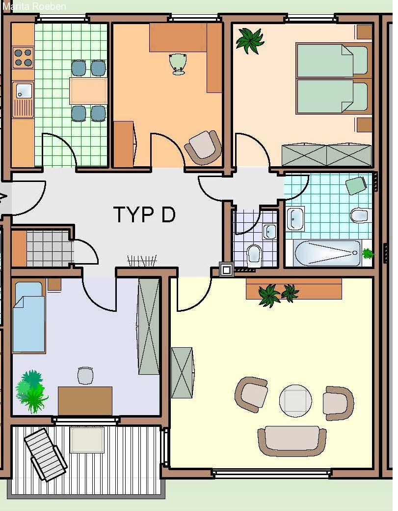 Der hier gezeigte Wohnungstyp D hat 101 qm Wohnfläche    Wohnzimmer, Schlafzimmer 2 x Kind, Küche Diele Bad, Abstellraum und Loggia  