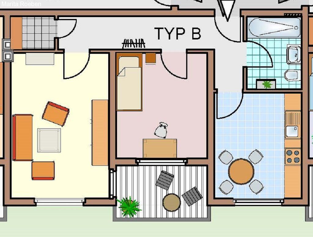 Der hier gezeigte Wohnungstyp B hat 58 qm Wohnfläche    Wohnzimmer, Schlafzimmer, Küche Diele Bad, Abstellraum und Loggia  