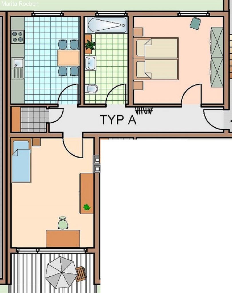 Der hier gezeigte Wohnungstyp A hat 68 qm Wohnfläche    Wohnzimmer, Schlafzimmer, Küche Diele Bad, Abstellraum und Loggia  
